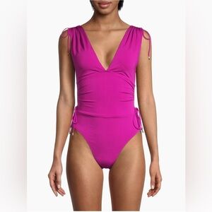 New! Robin Piccone Aubrey Plunging V-Neck One-Piece Swimsuit Fuchsia